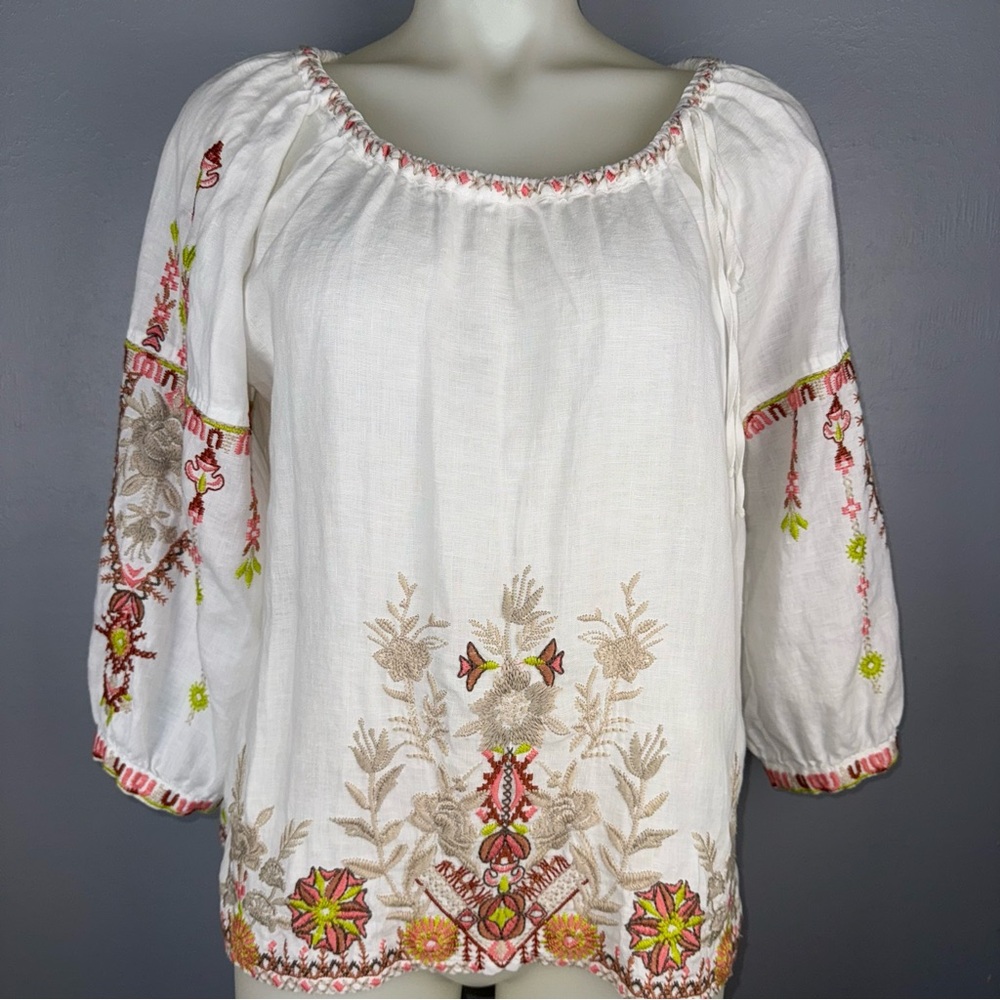 Johny Was Blouse Women’s Small Linen Peasant Bohemian 3/4 sleeves Embroidered‎